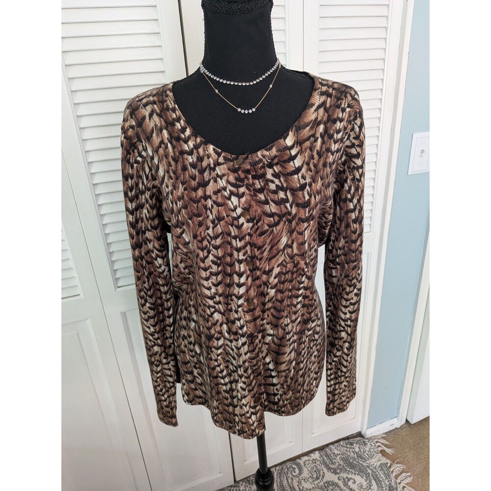 Talbots Pure Merino Wool Cardigan Sweater Womens XL Brown Feather Print Academia